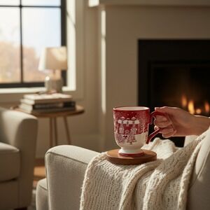 World Market Mug Red NWT Winter Village Footed Ceramic